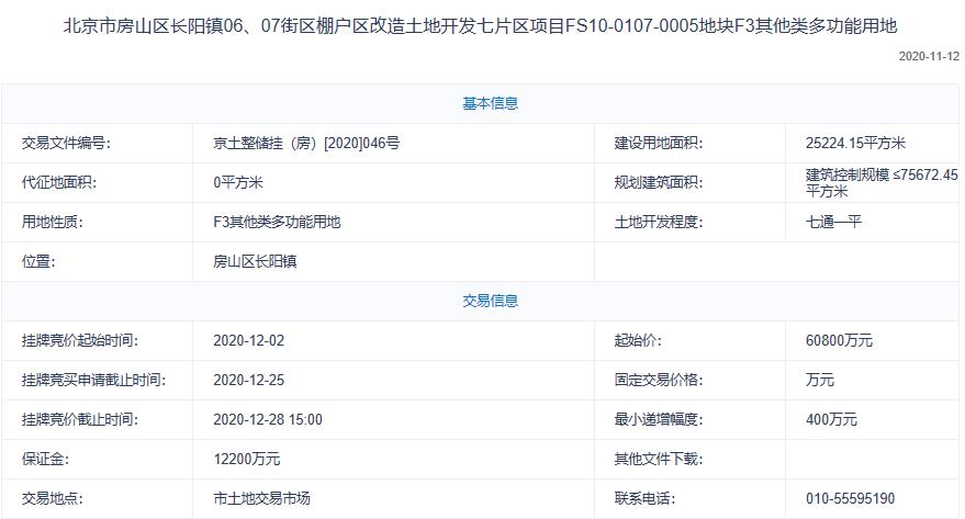 北投新城聯合體6.08億元競得北京房山1宗多功能用地